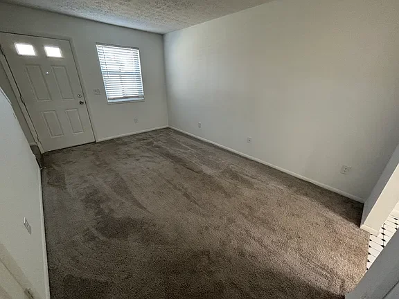Empty living room with beige carpet, white walls, front door, and window with blinds.