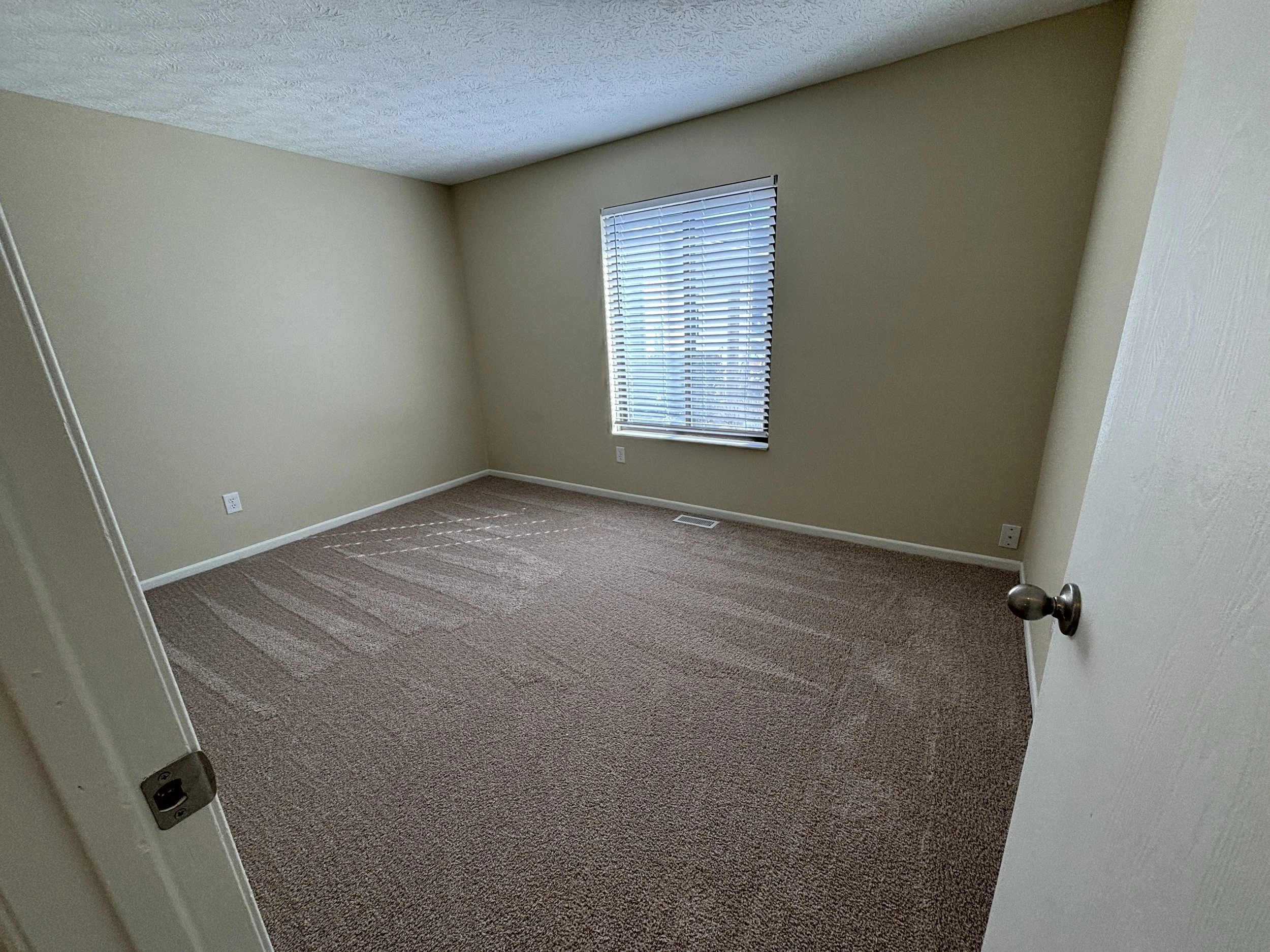 Empty beige carpeted bedroom with one window, closed blinds, and a white door slightly open.
