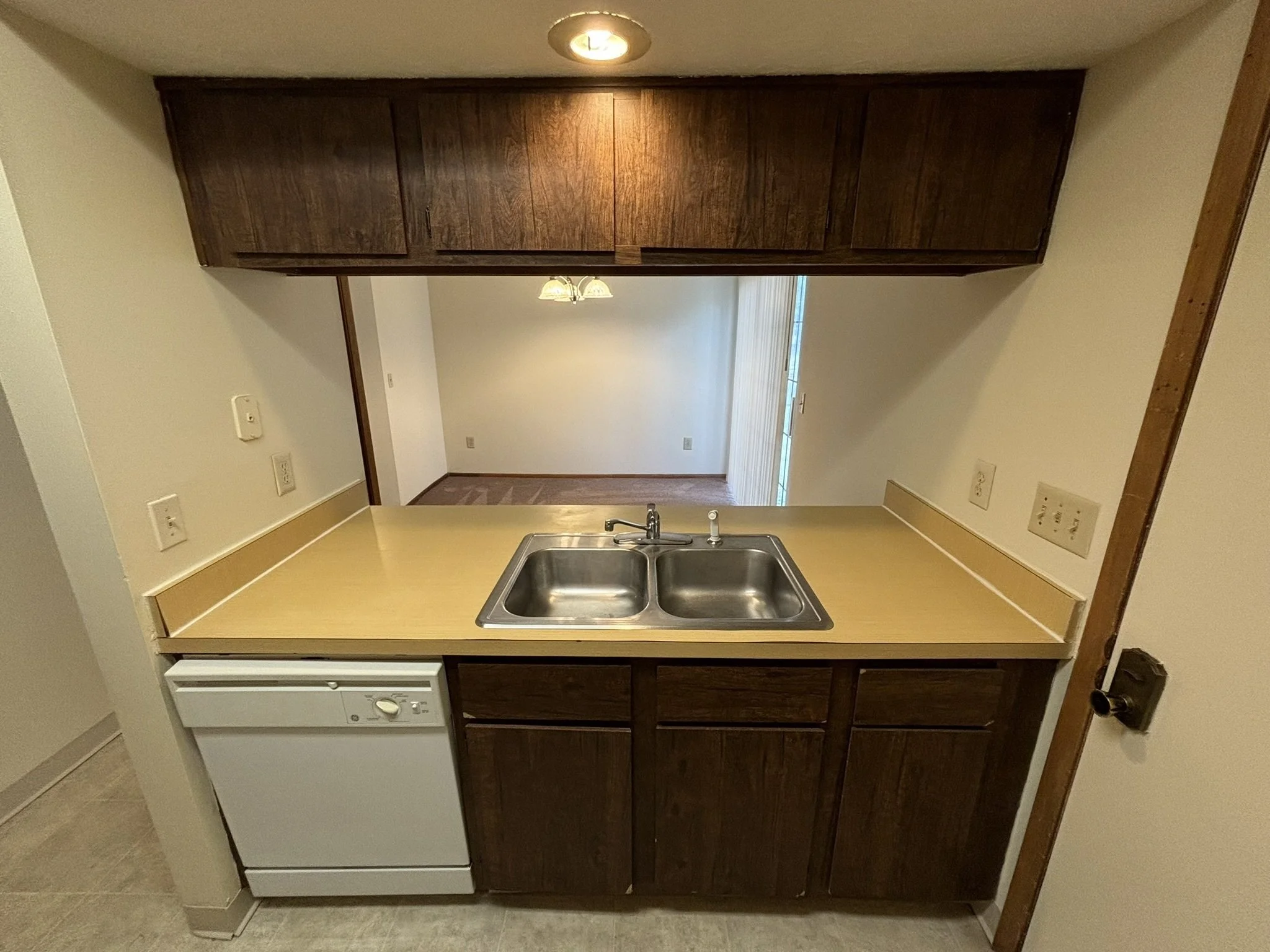 Small kitchen with beige countertop, double sink, and dark wooden cabinets overhead and below. Dishwasher on the left side, and light-colored wall with electrical outlets and switches.