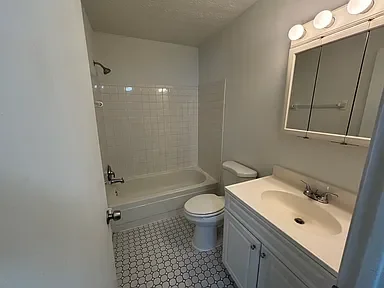 Bathroom with a bathtub, toilet, and sink with a mirrored cabinet above.