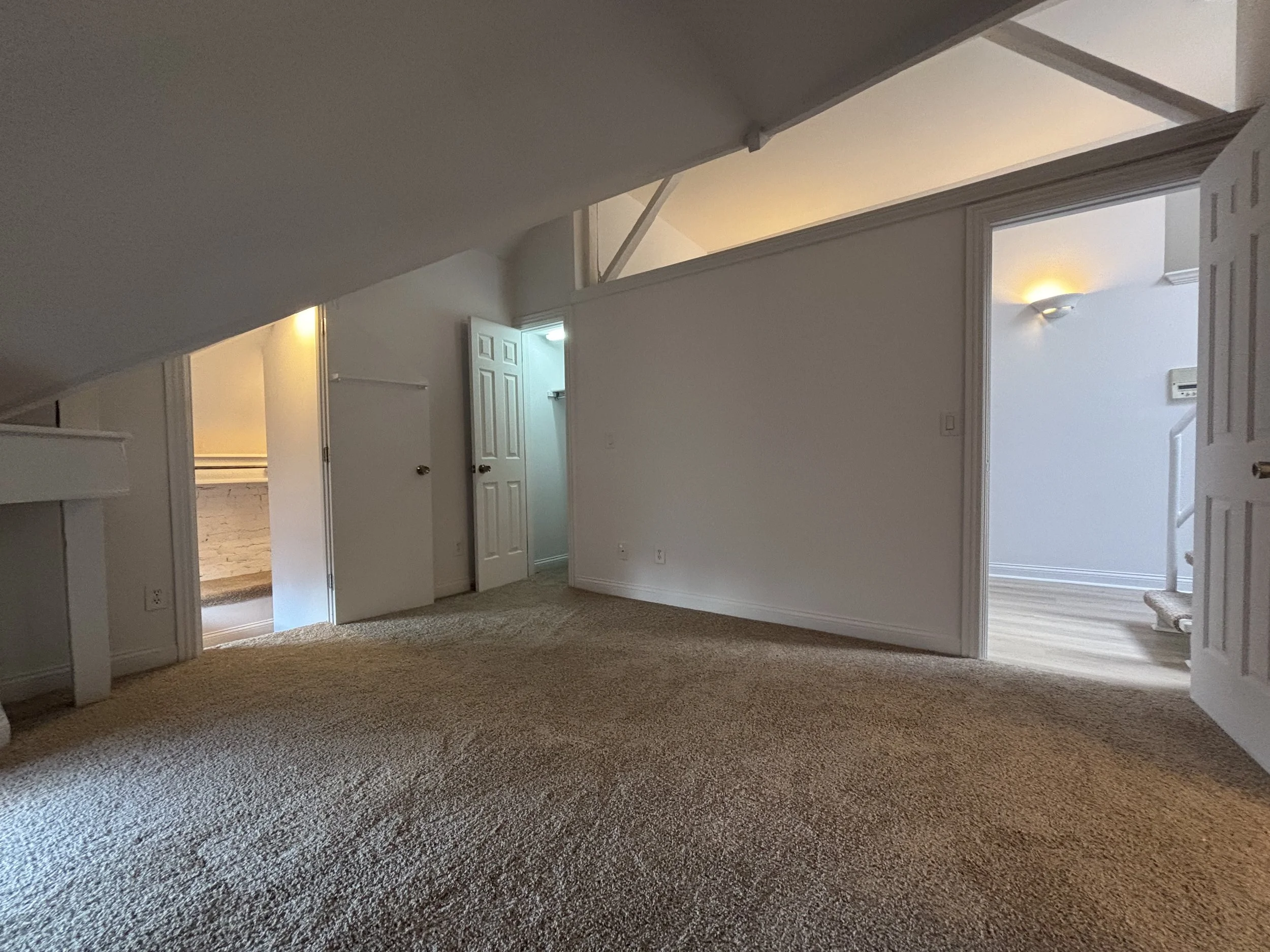 Empty room with beige carpet, white walls, and multiple open doors leading to closets and a hallway, with a small wall sconce light on the right wall.