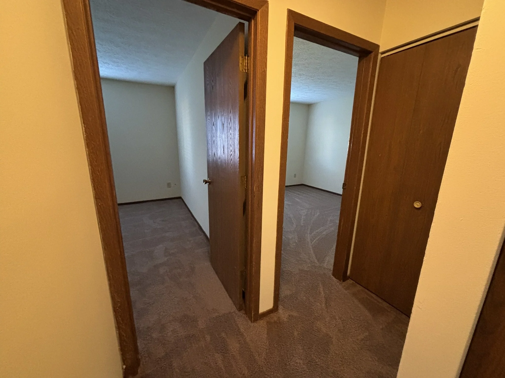 View of two rooms with open doors, featuring brown wood trim and carpeted floors, seen from a hallway with yellow walls.
