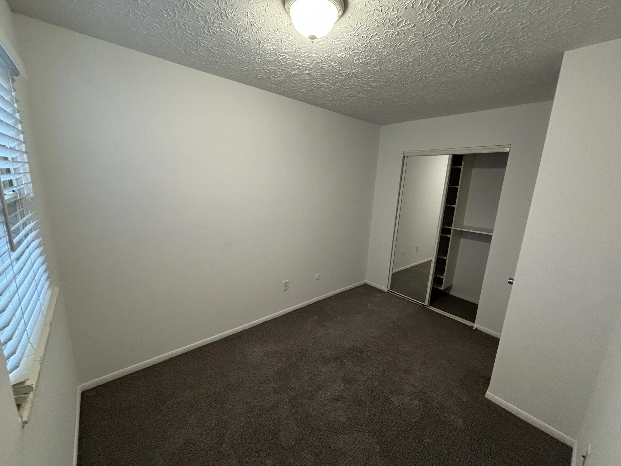 Empty bedroom with white walls, a window with blinds, brown carpet, a closet with mirrored sliding door, and built-in shelving.