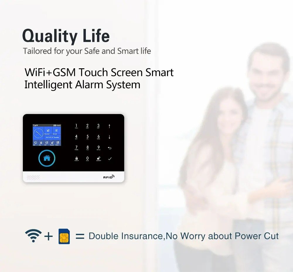 An advertisement for a WiFi and GSM touch screen smart alarm system with a description of its features, including double insurance for power outages.