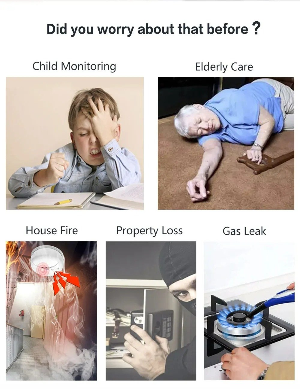 A humorous collage showing reasons for worry: a worried boy with a headache representing child monitoring, an elderly woman on the floor representing elderly care, a house on fire representing house fire, a burglar with a mask representing property l