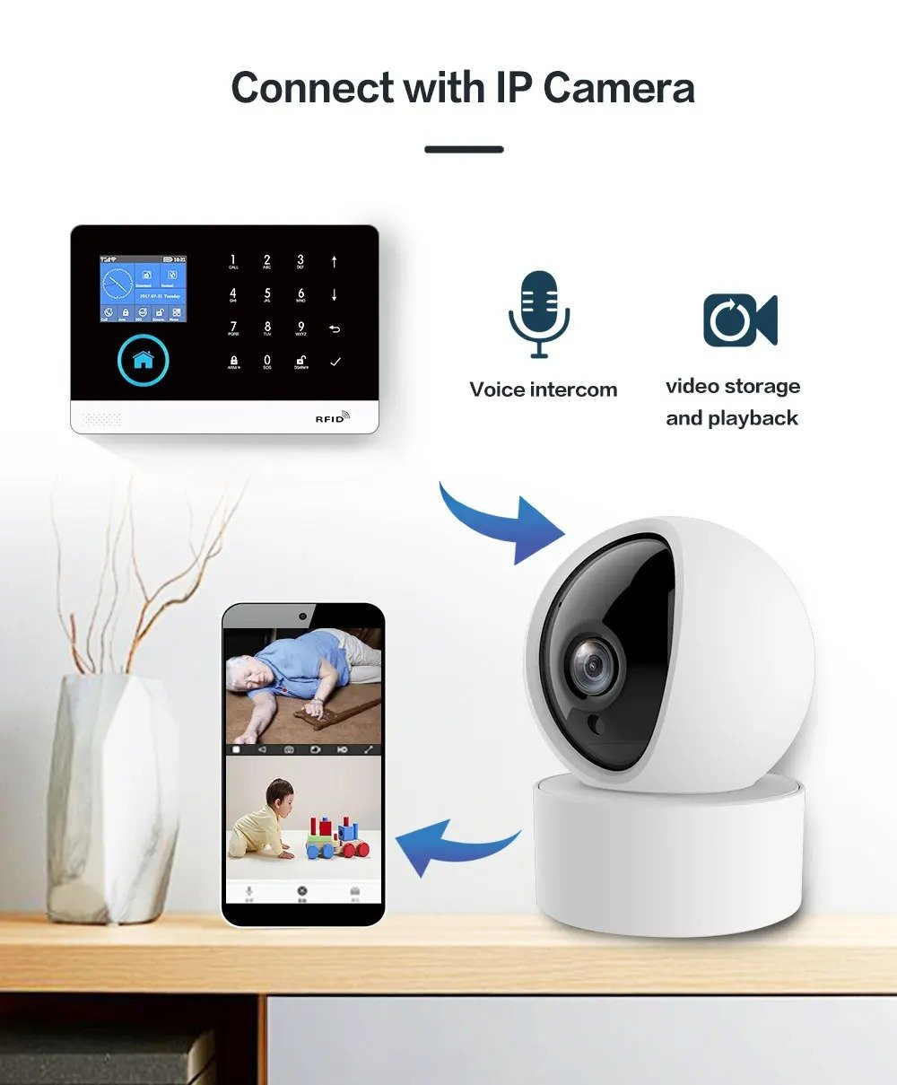 Diagram of a home security system showing a police-style touchscreen control panel, a smartphone displaying video footage of a sleeping elderly woman and a crawling baby, a security camera, and icons for voice intercom and video storage and playback.