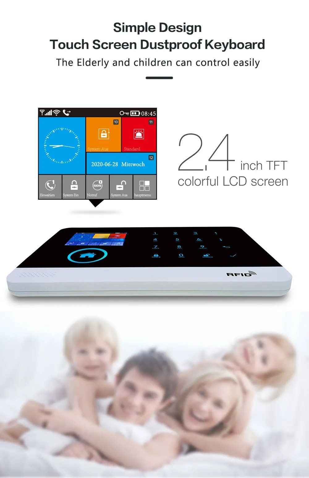 Product packaging image showing a door intercom with a 24-inch TFT color LCD touchscreen, with a family of four smiling in the background.