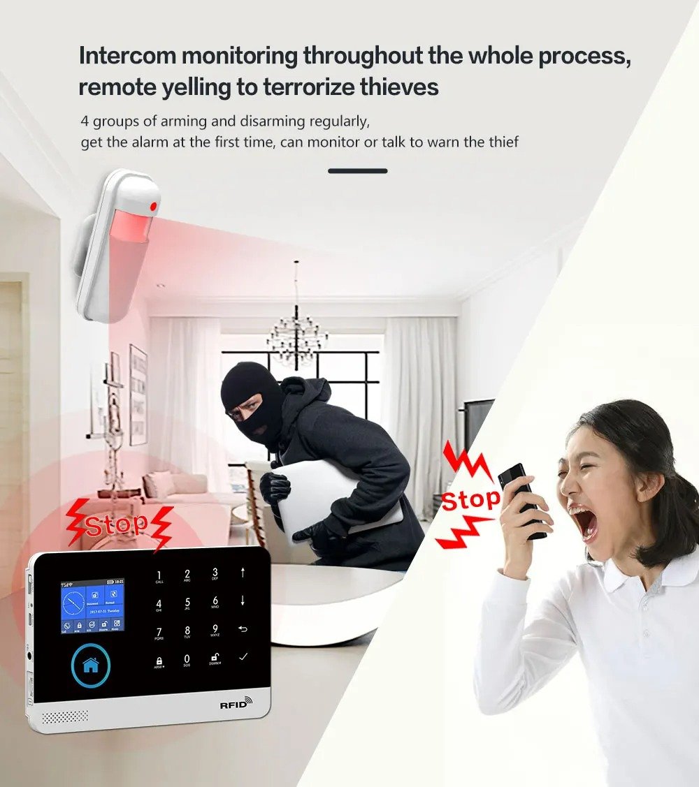 Illustration of a home security system with an alarm panel, motion detector, and a woman yodeling into her phone, with an intruder in the background. Text explains monitoring and remote alert features for security and theft prevention.