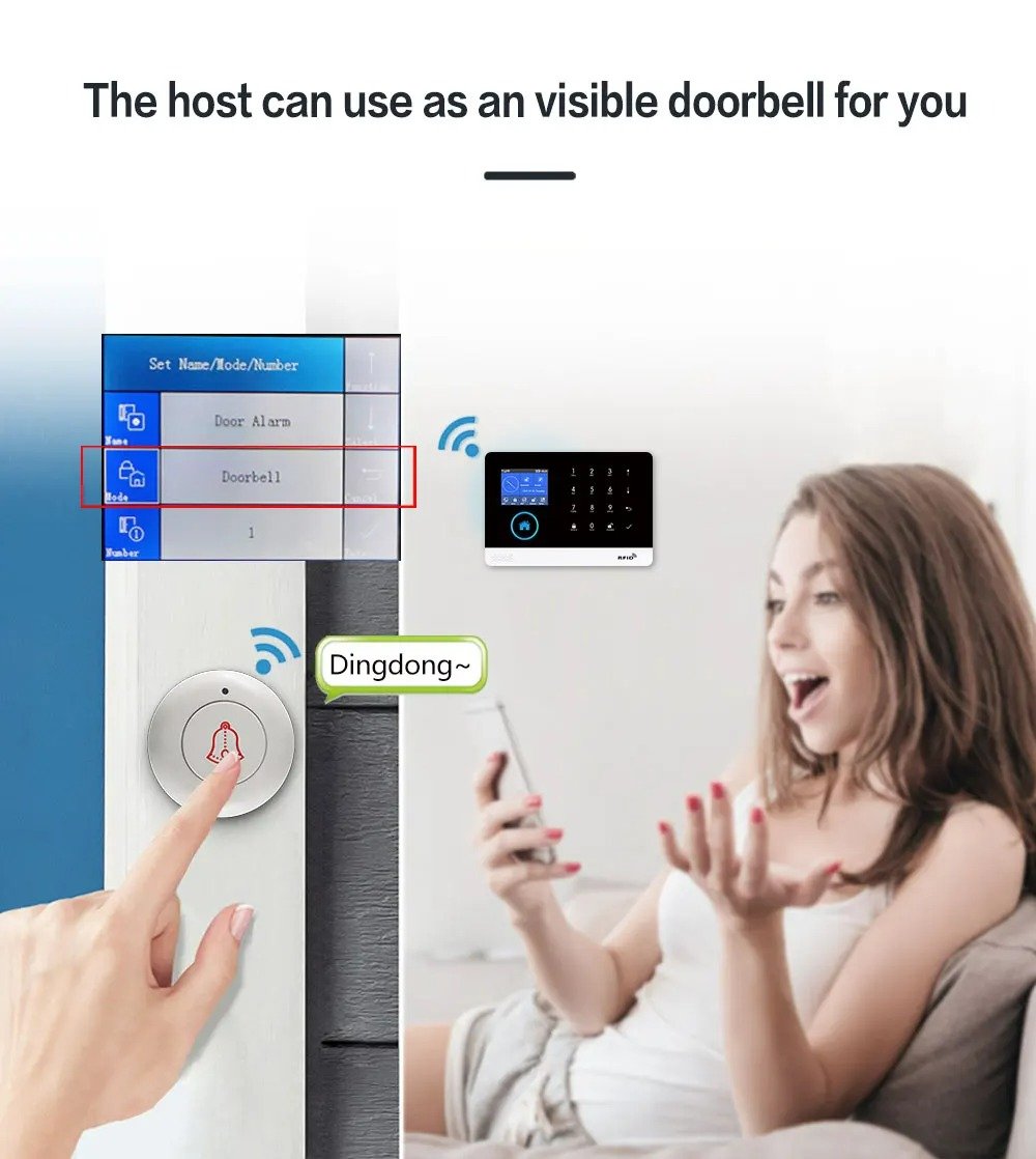 A woman playing a doorbell sound on her smartphone, with a visual of a smart doorbell system and a nearby doorbell button on a door, indicating the doorbell's use as a visible doorbell for visitors.