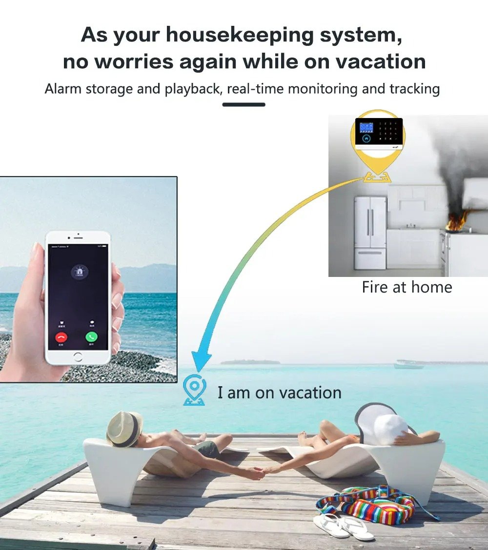 A promotional graphic showing a housekeeper's system that allows users to monitor and control their home remotely. The image features a person holding a smartphone indicating they are on vacation, a monitor showing a fire at home, and two people rela