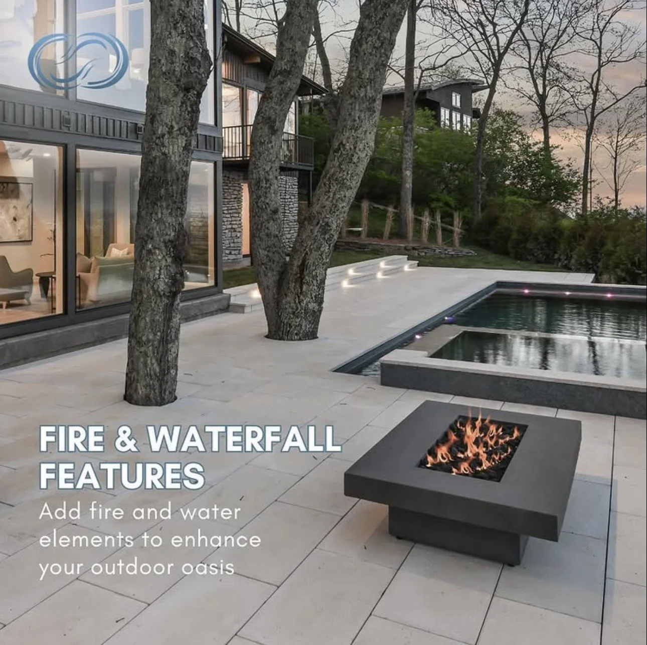 Modern backyard patio with fire pit, swimming pool, trees, and house with large glass windows at sunset in the background.