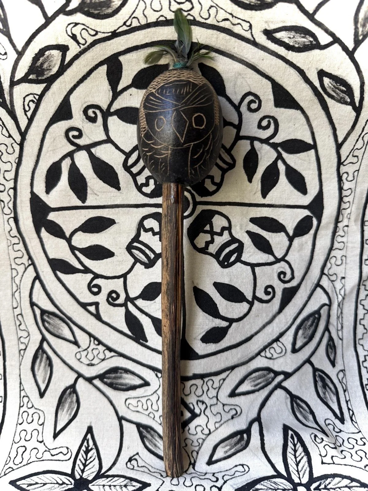 Handled Gourd Rattle - Owl