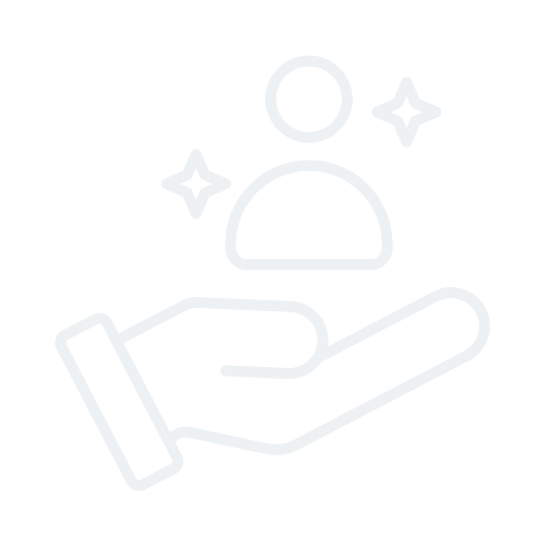 Line drawing of a hand holding a person icon with sparkles around it, symbolizing care or support.