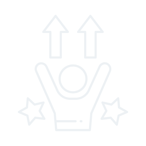 A neon sign of a person with arms raised, two upward arrows above, and two stars on either side.