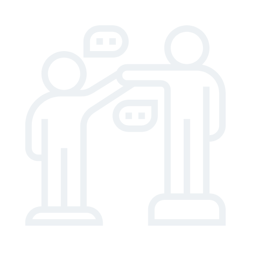 An icon of two people, with one person raising their hand to high five the other, both are outlined in white on a black background.