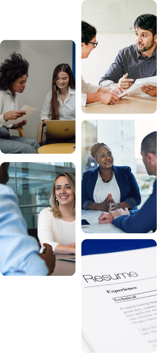 Group of people in a business meeting, discussing and sharing documents, with a focus on a resume on the table.