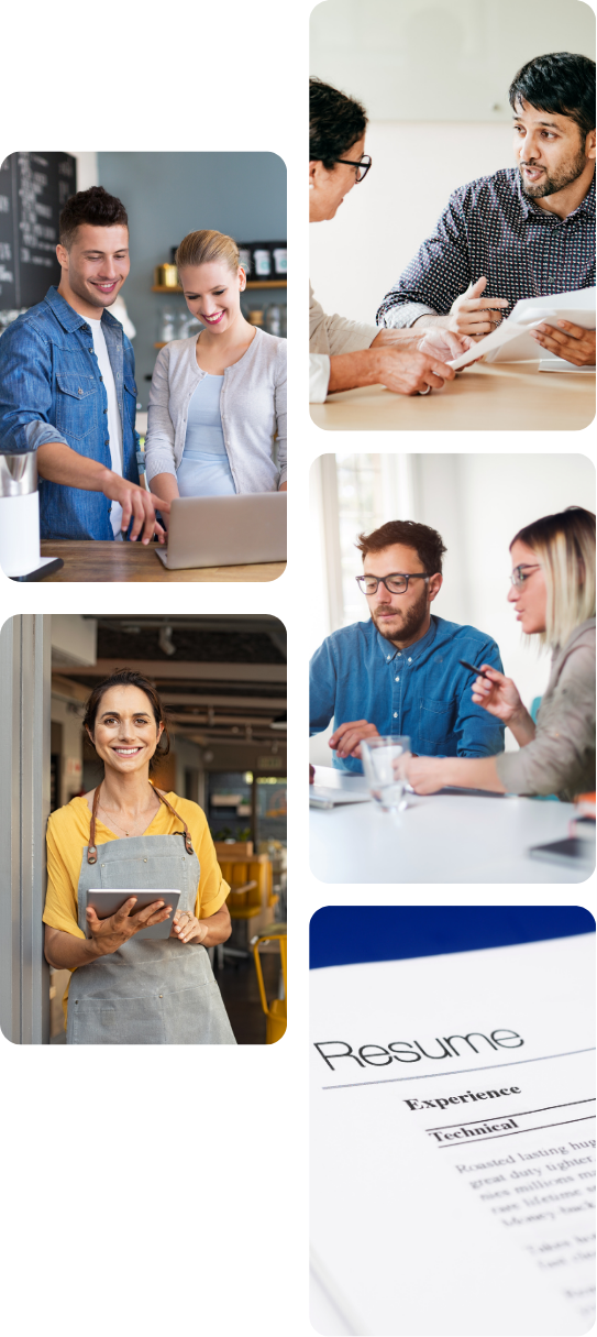 Collage of four images: two young adults at a coffee shop looking at a laptop, a man and woman having a business meeting, a woman in a cafe with a tablet, and a close-up of a resume on a table.