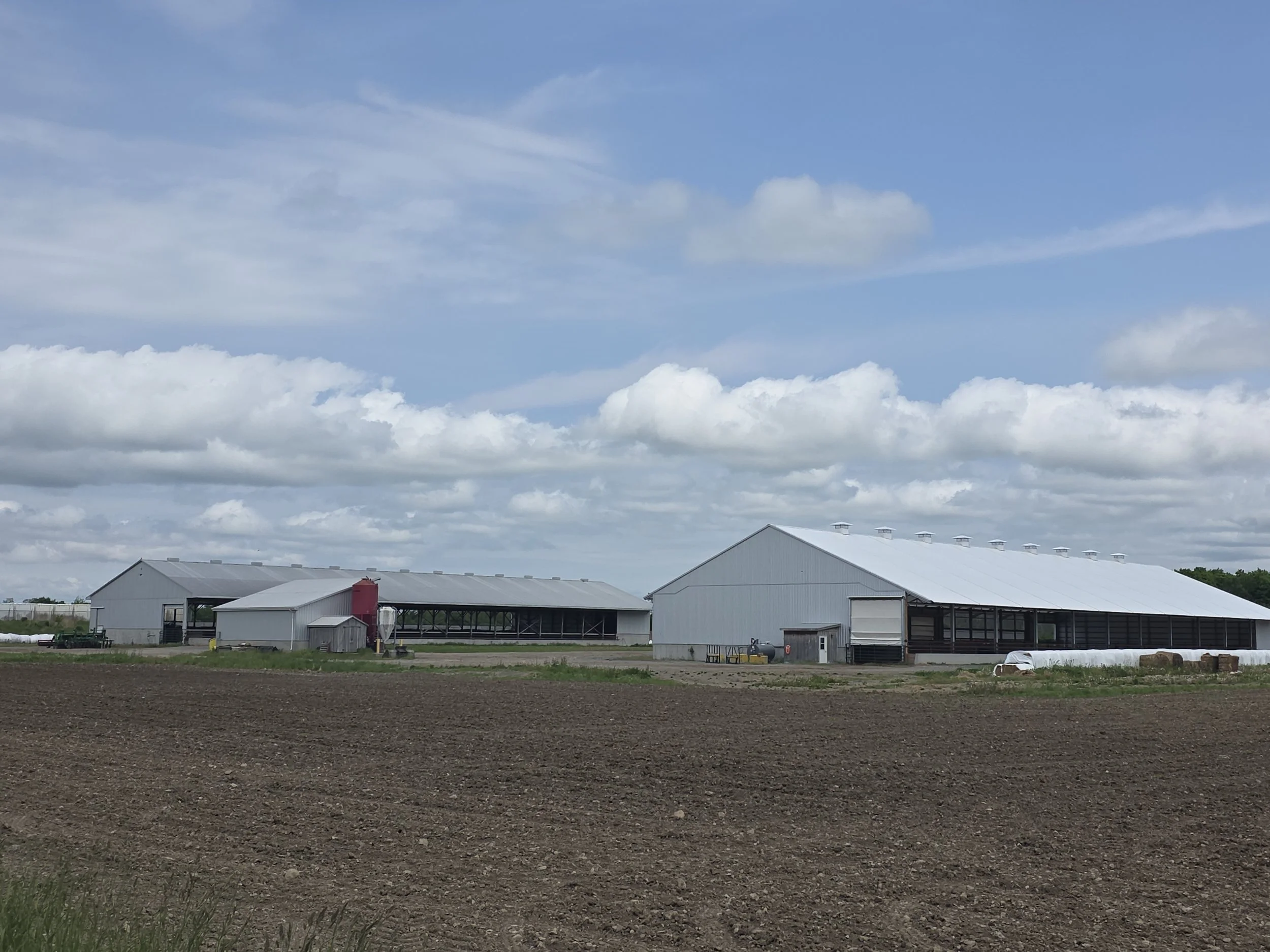 Farm buildings with metal roofs, surrounding fields under a partly cloudy sky.