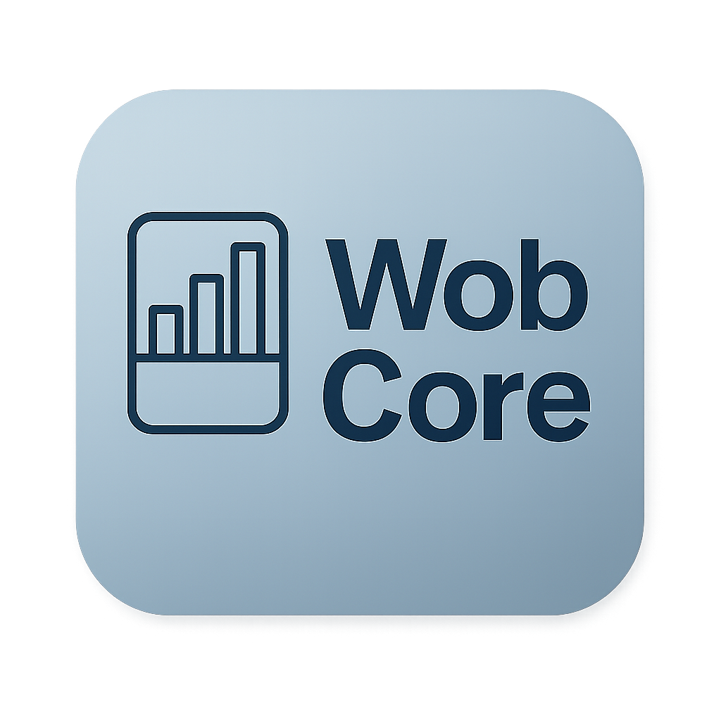 Icon with bar graph and the words 'Wob Core' in blue on a light blue background