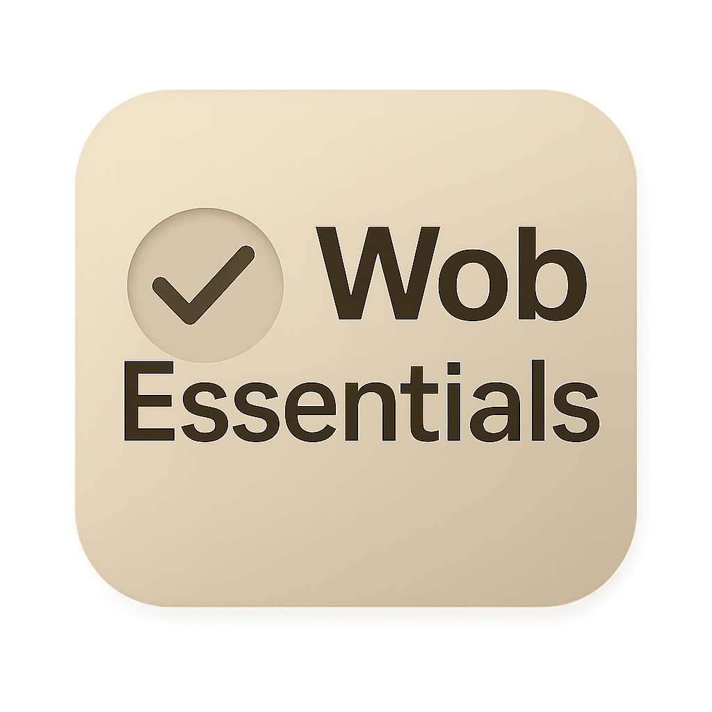 Icon with a checkmark and the words "Wob Essentials" in black font on a glowing beige background.