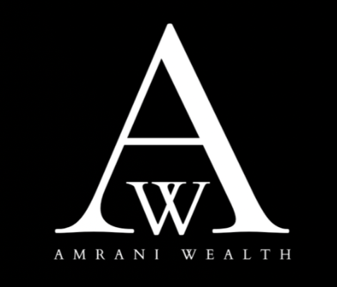 Black background with a large white letter A, a smaller white W inside the A, and the text 'AMRANI WEALTH' below.