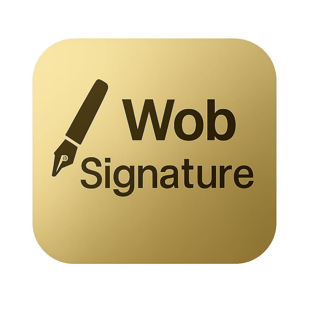 Gold-colored button with a black icon of a pen and the words 'Wob Signature' to the right.