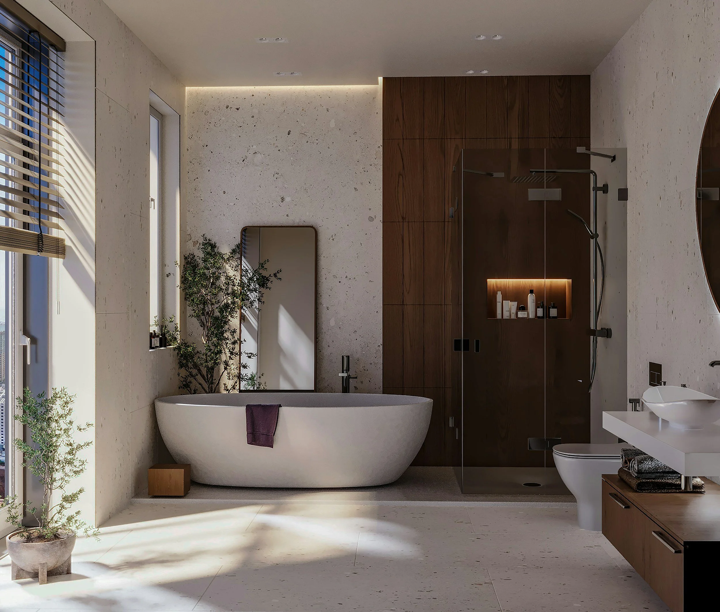 Modern bathroom with a freestanding bathtub, a walk-in shower with glass doors, a white wall-mounted toilet, a vanity with a vessel sink, natural light from windows, and potted plants