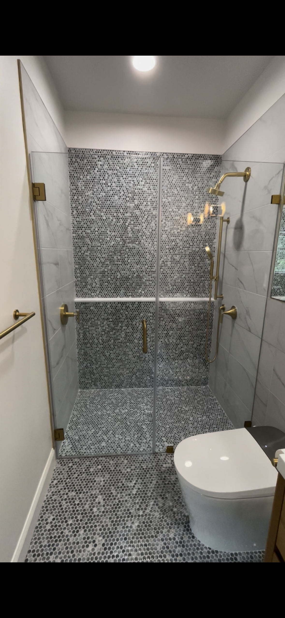 Modern bathroom with a walk-in shower enclosed by glass, featuring mosaic black and gray tiles, and a white toilet. Gold fixtures are present on the showerheads and handles.