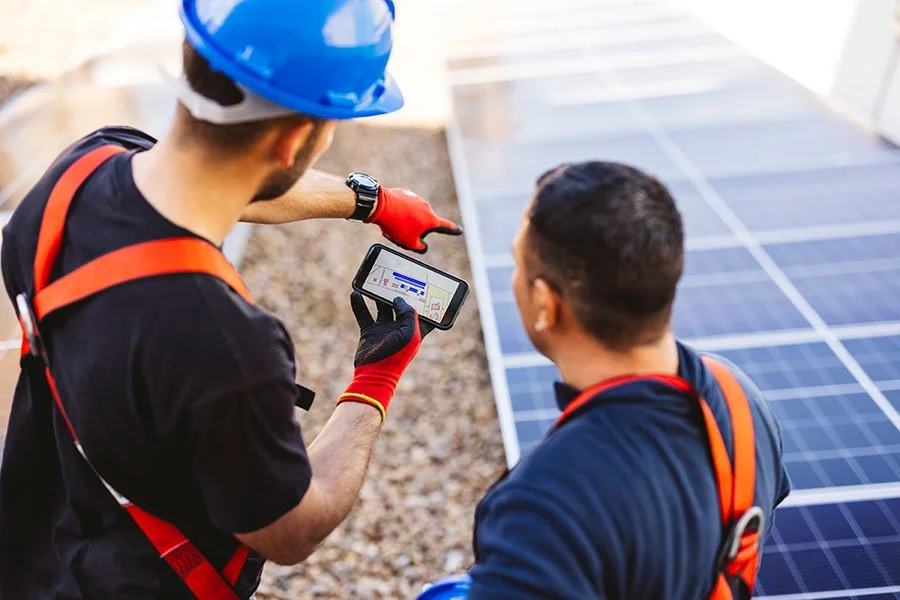 Two workers wearing safety gear inspecting solar panels, with one showing data on a smartphone.
