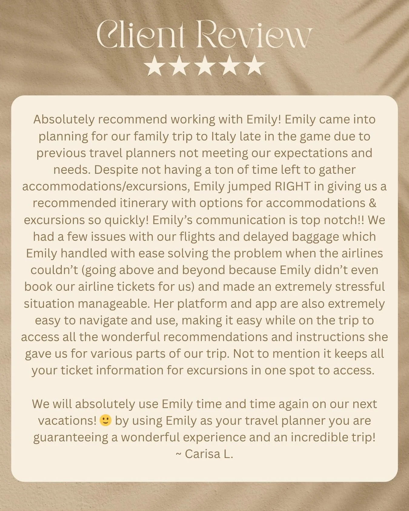 It&rsquo;s reviews like this that make us so grateful to do what we do. We love going above and beyond to make sure our clients have a seamless and unforgettable travel experience, even when unexpected challenges arise.

Thank you, Carisa, for your k