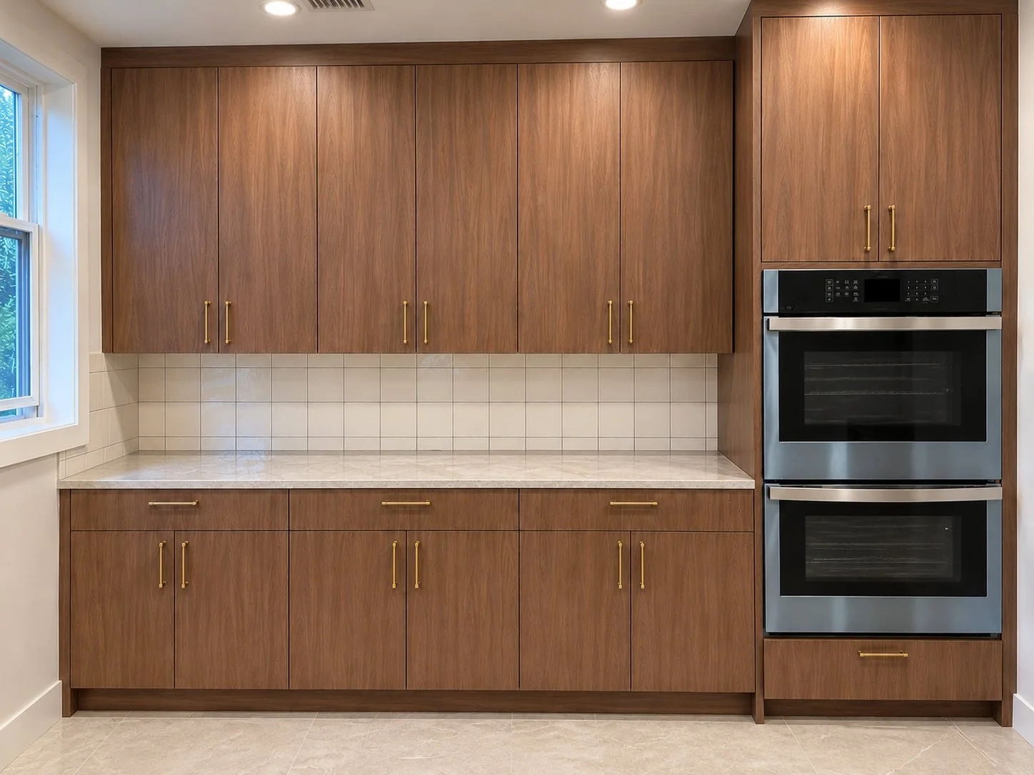 Modern kitchen design with custom walnut-look cabinetry, brass handles, stainless steel double oven range, stone countertops, and undermount sink.