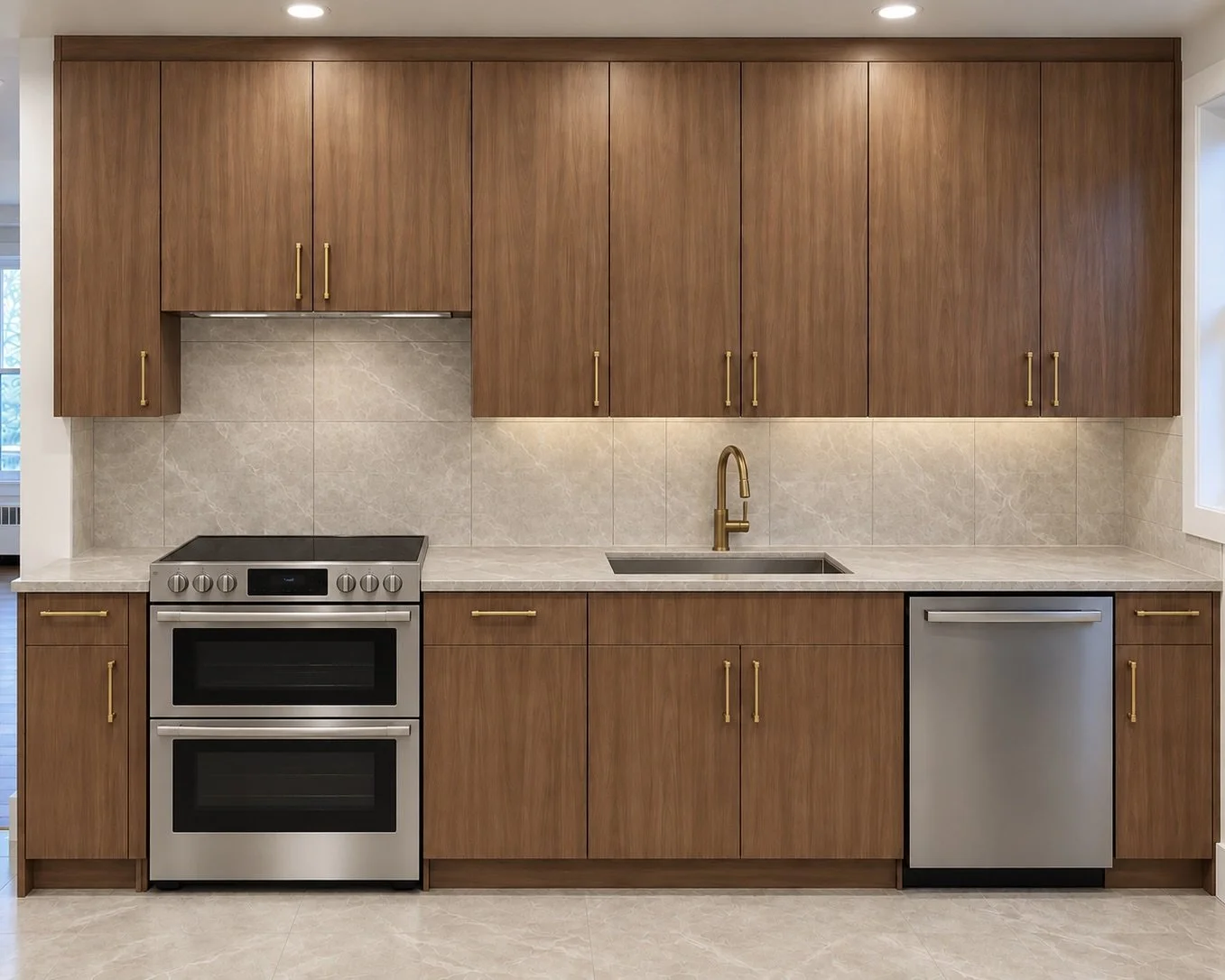 Modern kitchen with wooden cabinets, stainless steel appliances, a marble countertop, and a gold faucet.