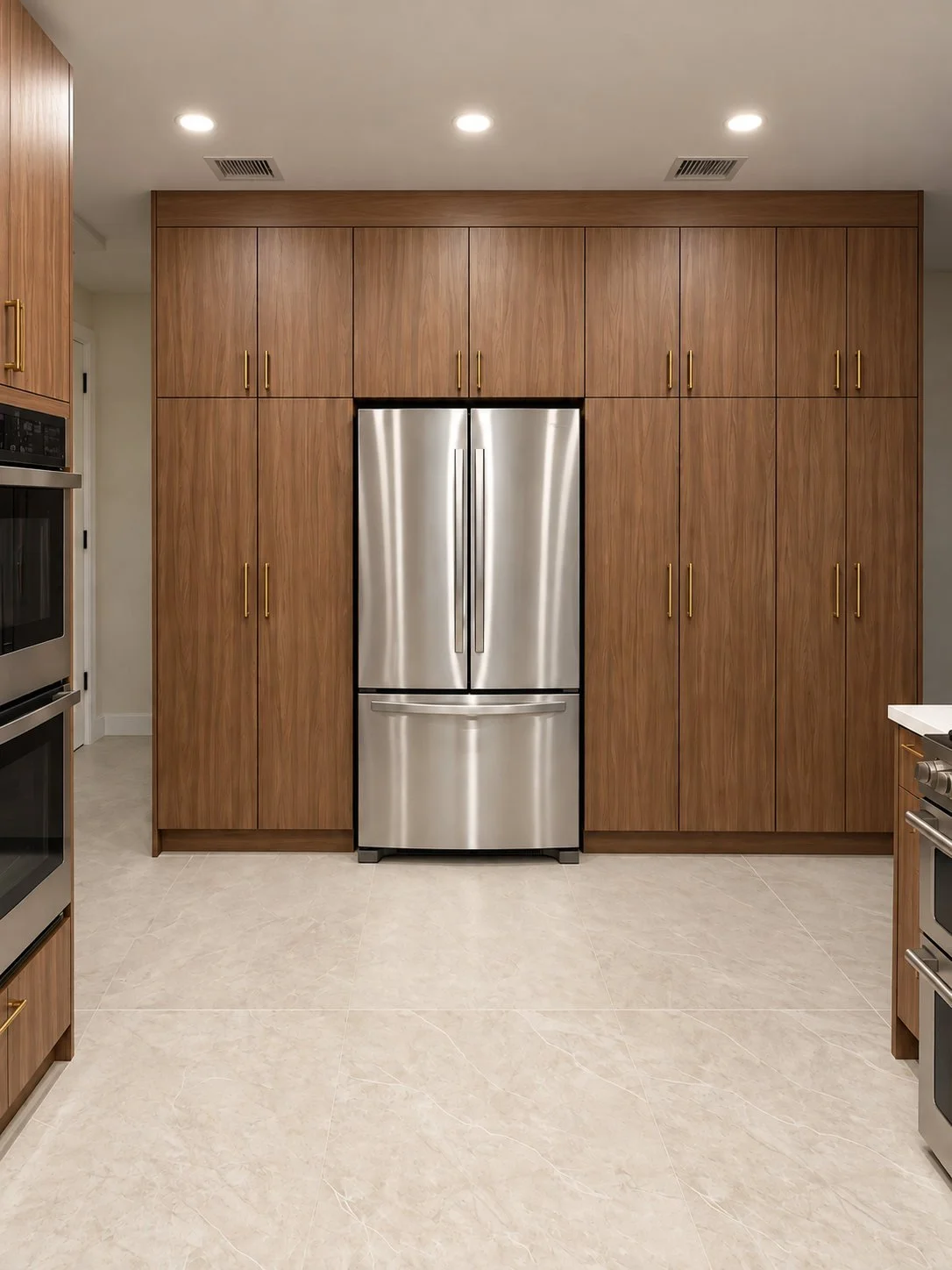 Kitchen with a stainless steel refrigerator surrounded by wooden cabinets, beige floor tiles, and built-in appliances on both sides.