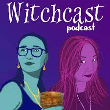 Illustration of two women, one with glasses and earrings, the other with long hair, on a purple background, with the text 'Witchcast podcast' above them.