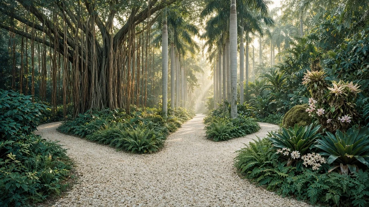 Lush tropical botanical garden with a pebble path, towering palms, banyan trees, ferns, and flowering plants