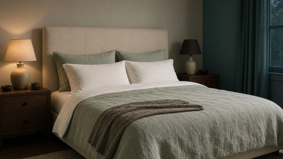 Bedroom with an upholstered headboard and sage linen bedding, one bedside lamp lit and the other dark, showing emotional distance in a marriage where a couple feels like roommates