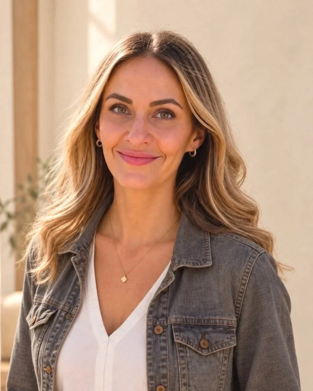 A woman with blonde hair, wearing a gray denim jacket and a white shirt, smiling at the camera.