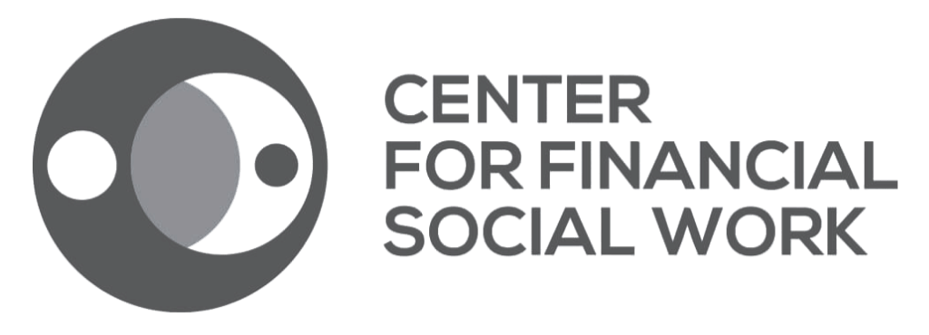 Logo for the Center for Financial Social Work, featuring a black circular design with gray inner details and black text.