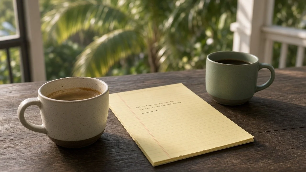 Two coffee cups on an outdoor table with a legal pad between them showing two handwritten lines.