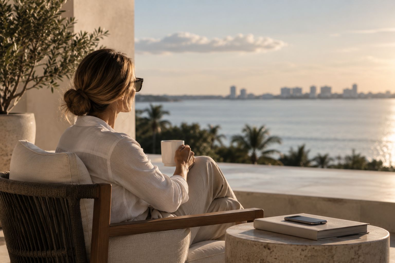 Woman sitting on a balcony with a mug, looking at the water and city skyline.