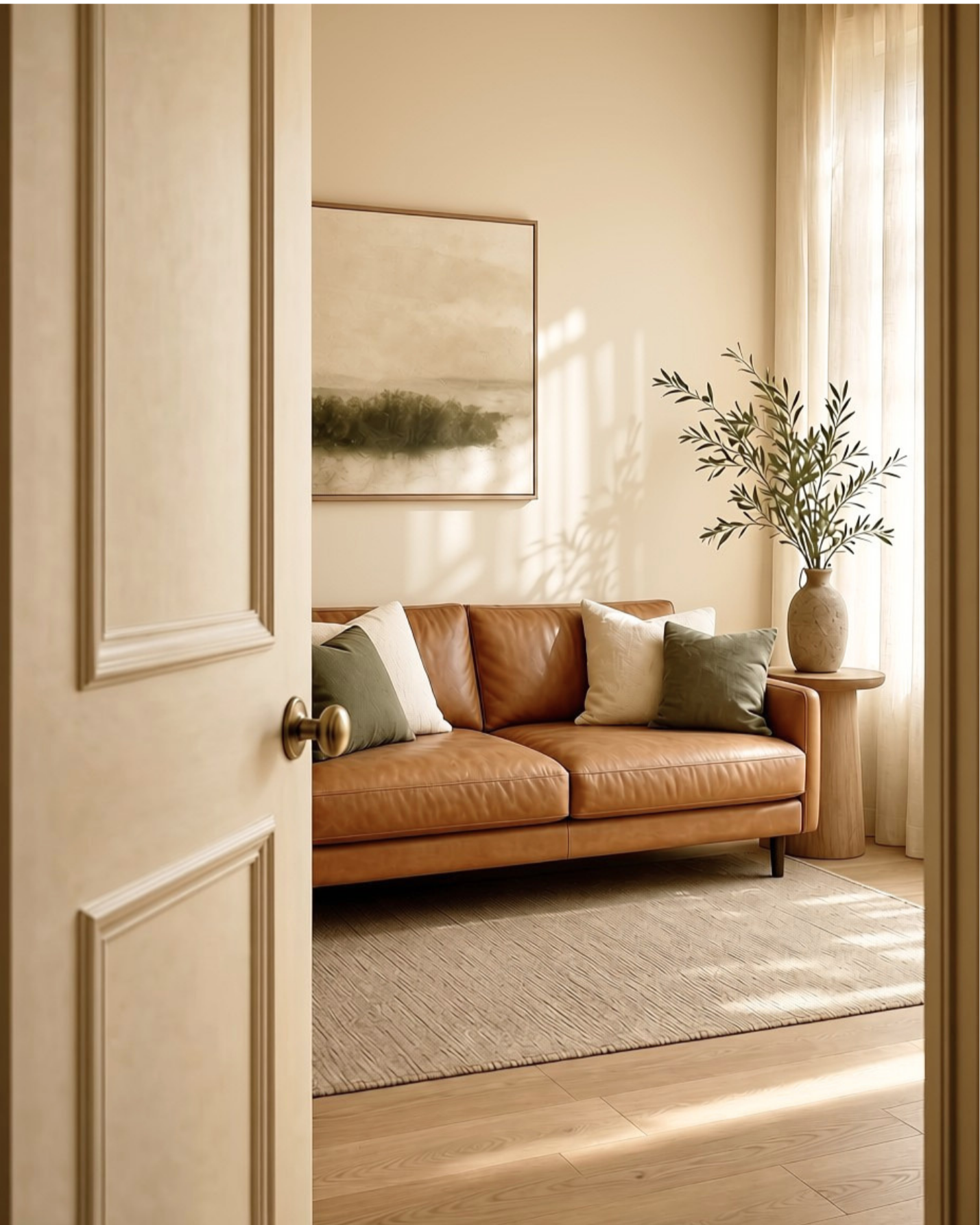 A view into a living room through a partially open door. The room has a tan leather sofa with white and green pillows, a large framed landscape painting, a tall vase with green foliage, a side table, a window with sheer curtains, and a beige rug on hardwood floor.