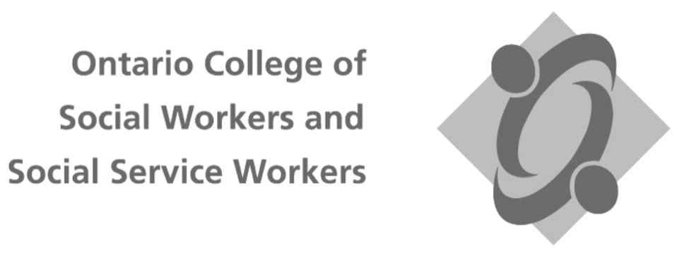Logo of the Ontario College of Social Workers and Social Service Workers with text and abstract social work icon