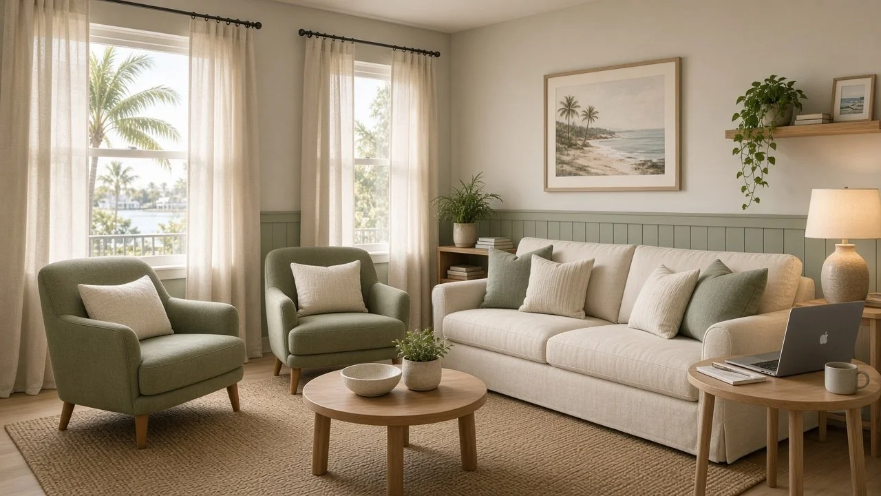 A calm Sarasota therapy office with two armchairs and a sofa angled toward each other, where couples meet in person