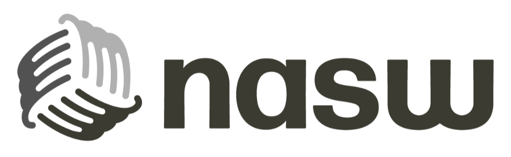 Logo of NASW depicting a stylized black and white yarn ball with knitting needles and the text 'nasw'