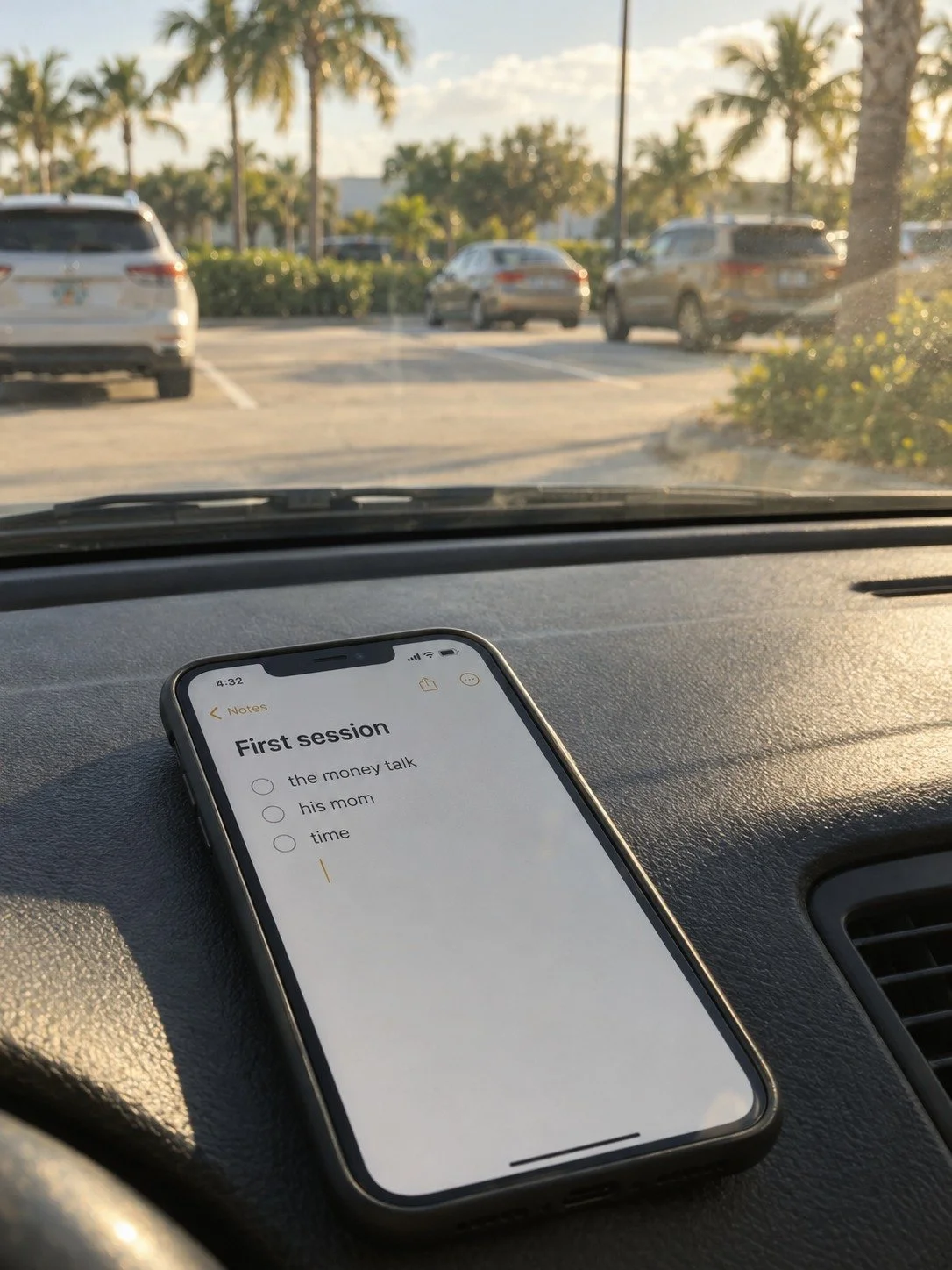 Phone note listing topics to raise in a first couples therapy session