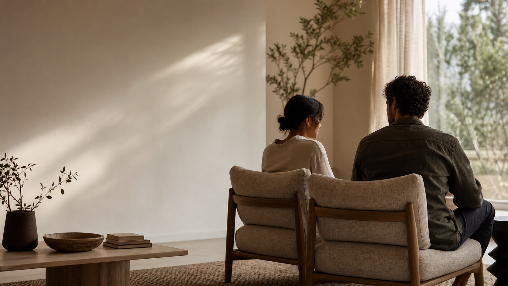 Couple in a Sarasota coastal home navigating a thoughtful conversation about their complex relationship.