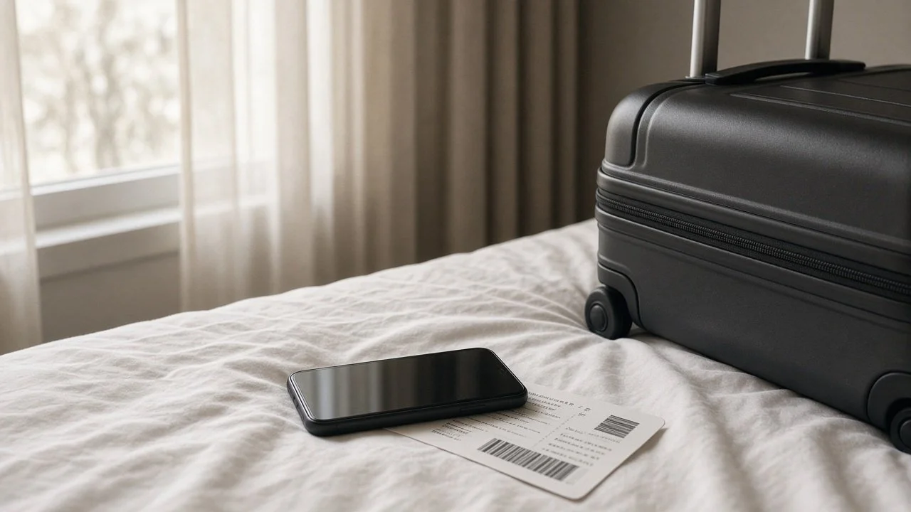 A phone and boarding pass on a hotel bed beside a carry-on suitcase, the gap between visits for a couple living between Florida and Ontario