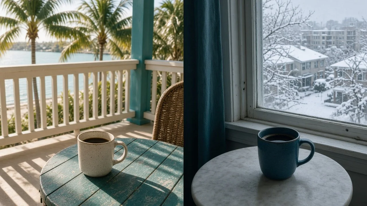 Split image of two coffee mugs: one on a sunny Florida porch overlooking palm trees and water, the other by a window looking out on a snowy Ontario street, for a couple living between Florida and Ontario
