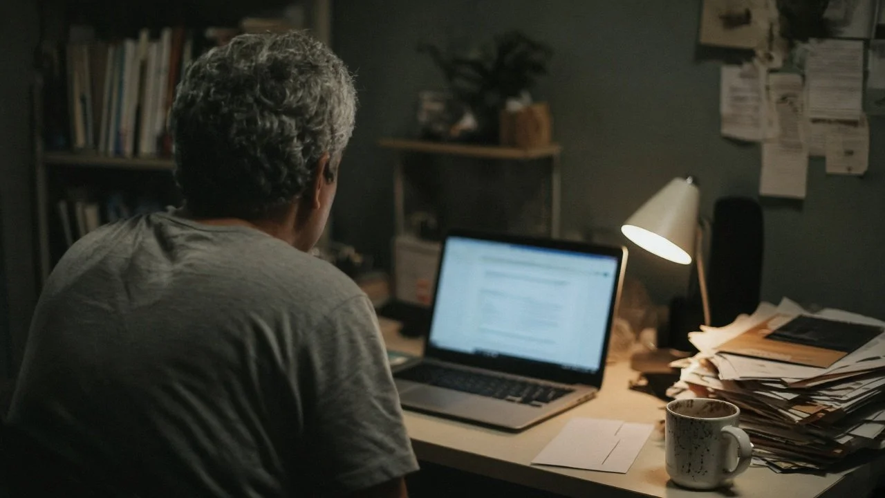 Man in his fifties sitting alone at a desk at night beside a face-down evaluation report and a mug.