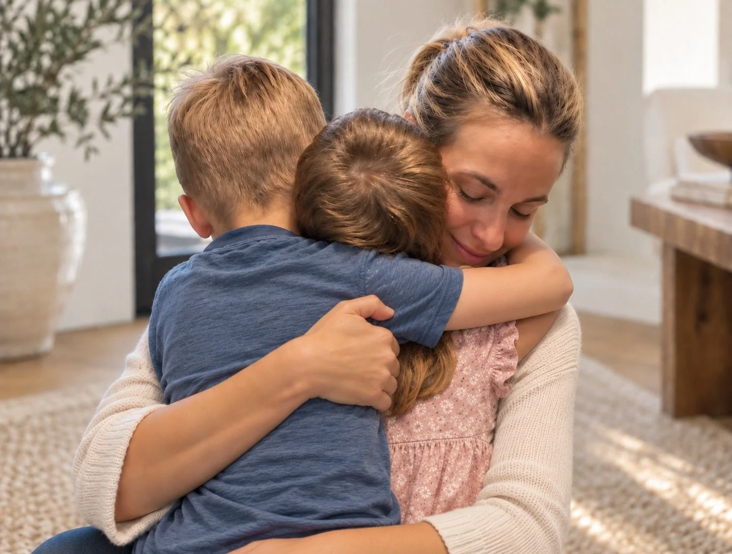 A therapist mom hugging her two small children.